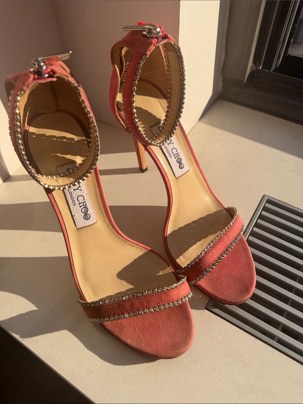 Jimmy Choo Coral Suede Crystal Ankle-Strap Heels/ 38